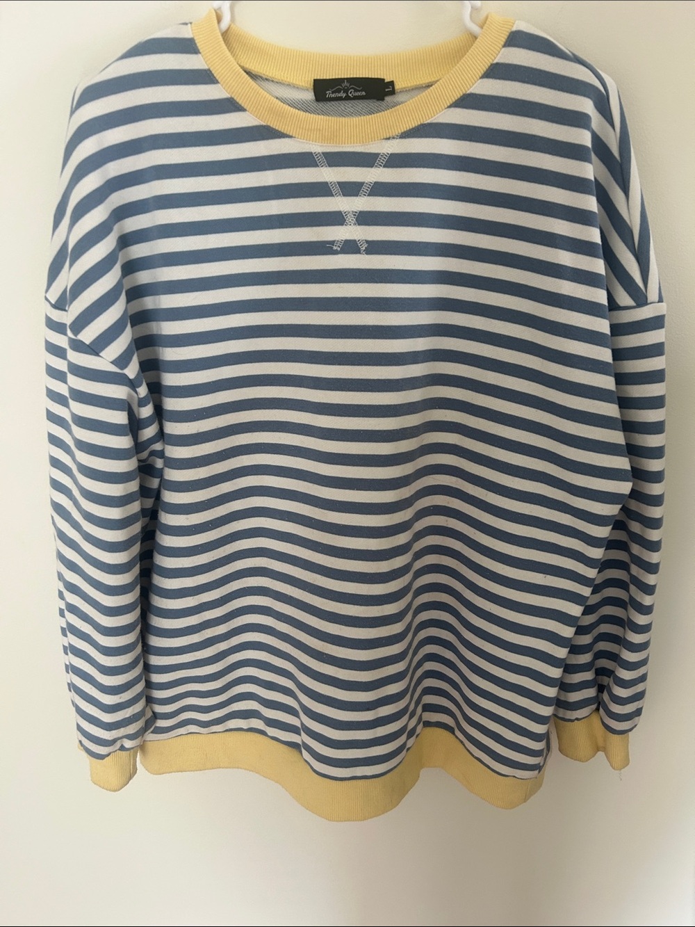 Blue & White Striped Crewneck Sweater with Yellow Trim